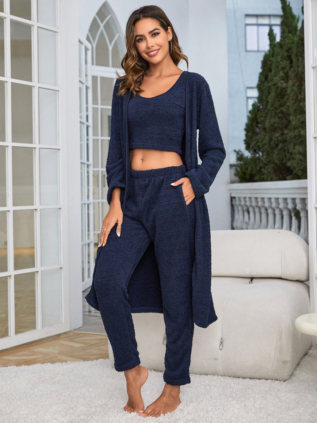 Fuzzy 3 Piece Open Front Cardigan Crop Tank Tops Wide Legs Pants Lounge Sets My Store