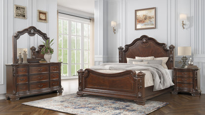 Traditional 4-Piece Queen Bedroom Set with Intricate Wood Carvings in Walnut Finish - Ohberri