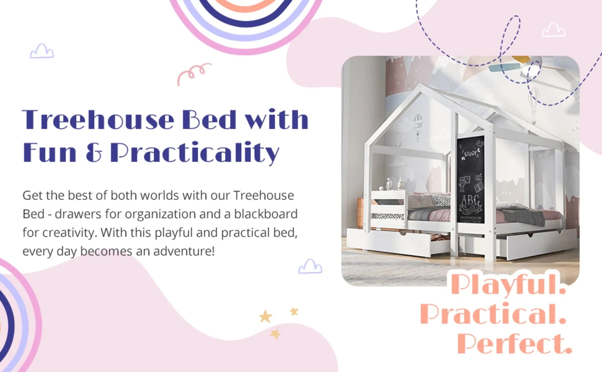 Twin House Bed With Blackboard And Drawers, Two Assembly Options, White My Store