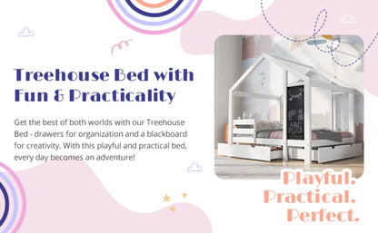 Twin House Bed With Blackboard And Drawers, Two Assembly Options, White My Store