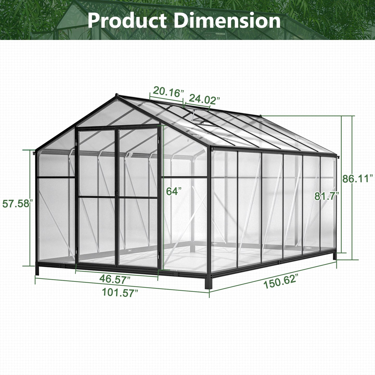 8' X 12' Heavy Duty Poly carbonate Greenhouse With Double Doors And Two Ventilation Windows Inkedjoy