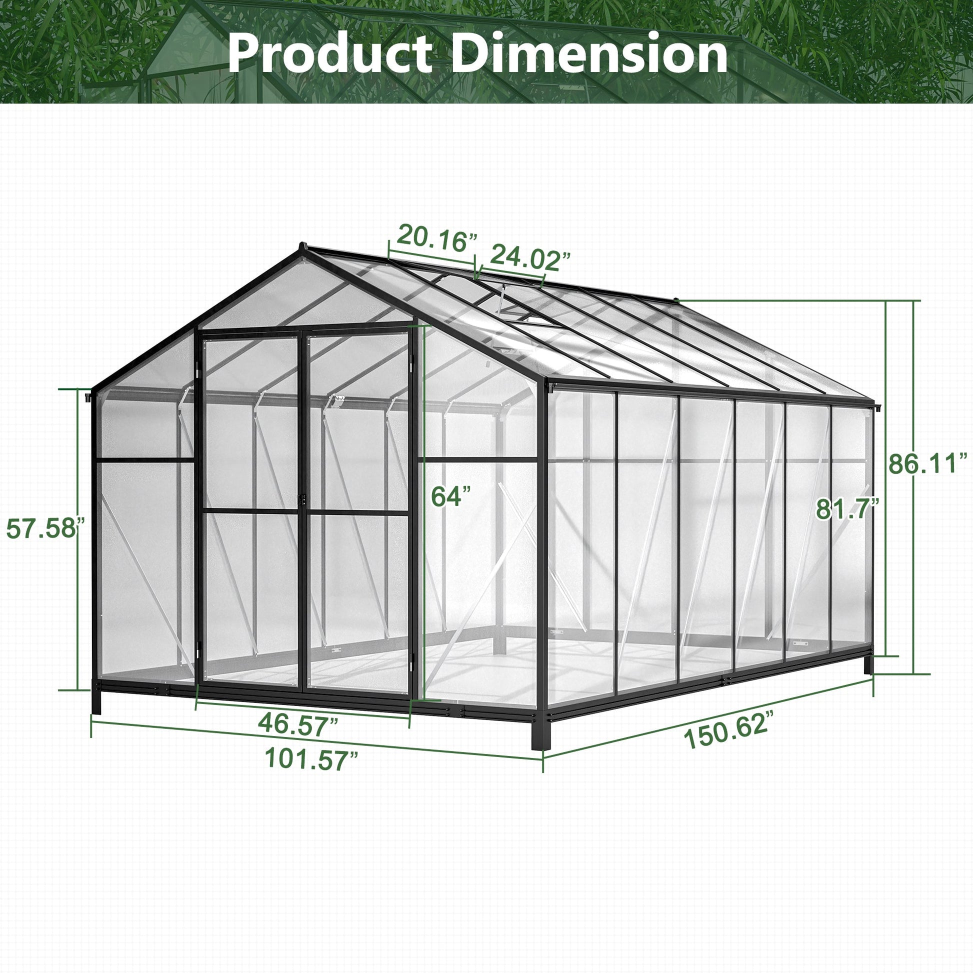 8' X 12' Heavy Duty Poly carbonate Greenhouse With Double Doors And Two Ventilation Windows Inkedjoy