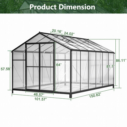 8' X 12' Heavy Duty Poly carbonate Greenhouse With Double Doors And Two Ventilation Windows Inkedjoy
