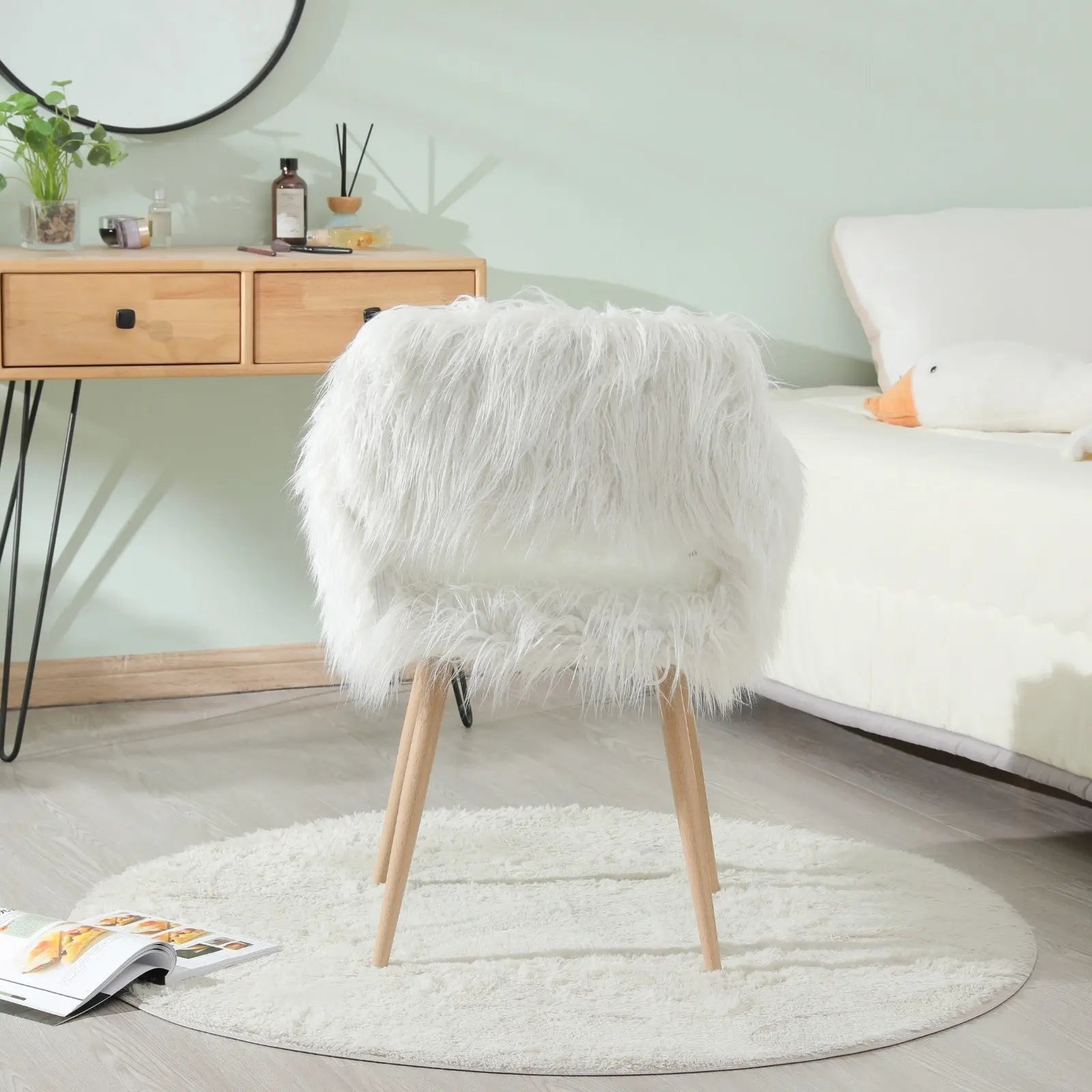 WHITE Faux Fur Upholstered Make Up Chair Side Dining Chair With Metal Leg WHITE Beech Metal Leg My Store