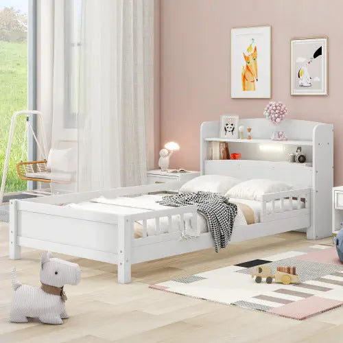 Wood Twin Size Platform Bed With Built-in LED Light, Storage Headboard And Guardrail, White My Store