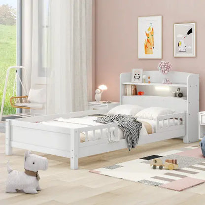Wood Twin Size Platform Bed With Built-in LED Light, Storage Headboard And Guardrail, White My Store