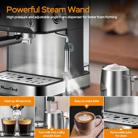 20 Bar Professional Espresso Machine With Milk Frother, Single Double Shot My Store