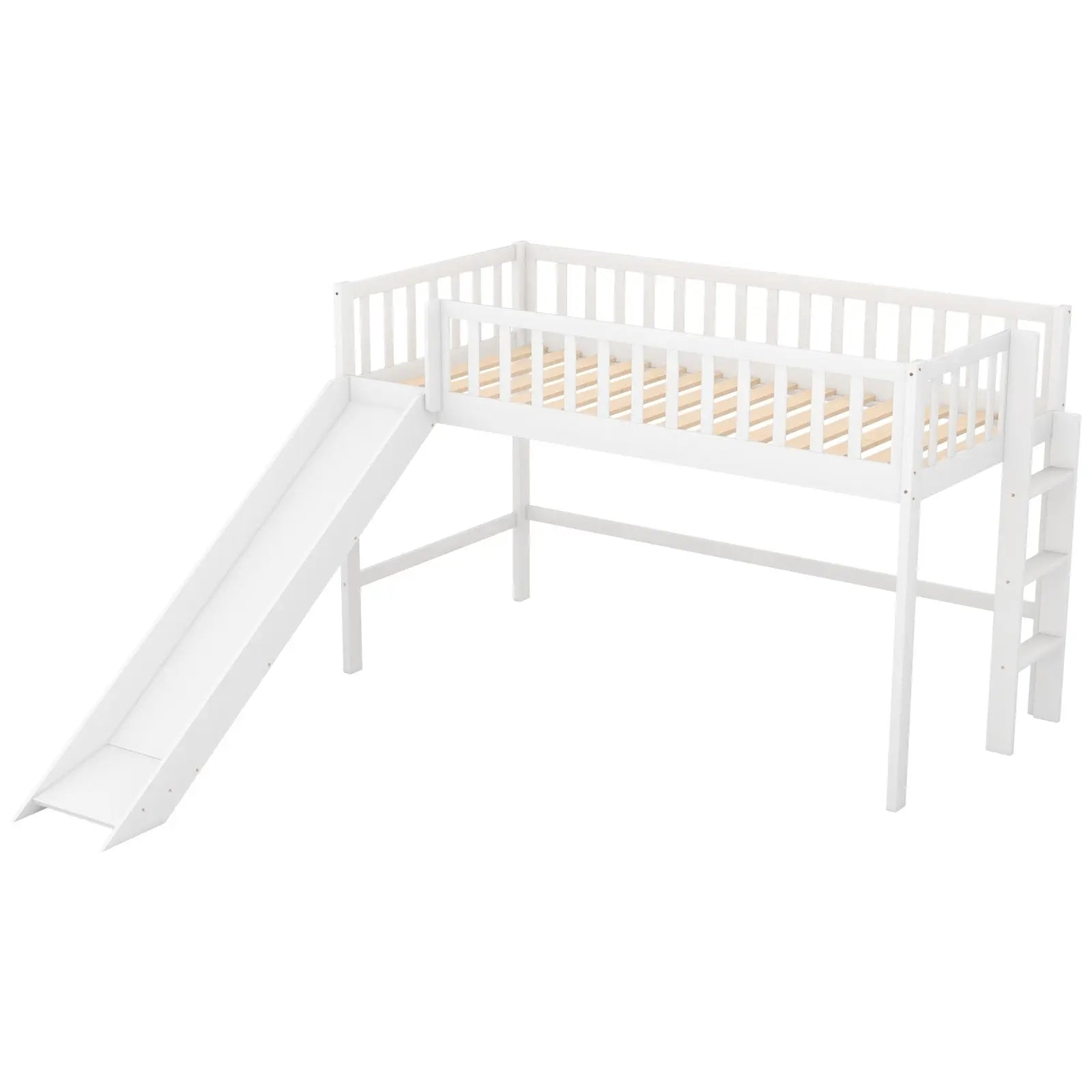 Twin Size Low Loft Bed With Ladder And Slide,White My Store