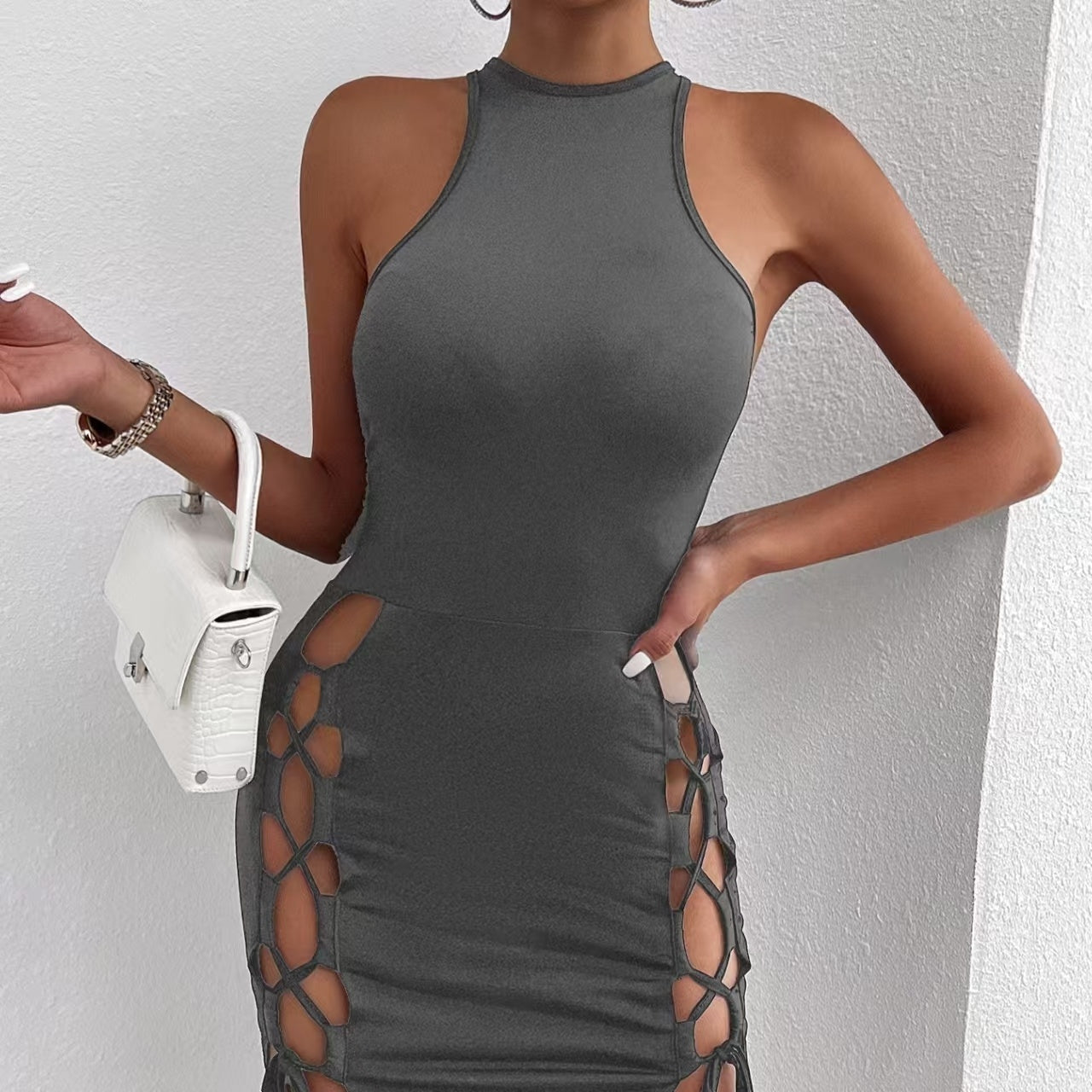 Women's Solid Color Sleeveless Skirt With Slit And Cross Tie, Sexy Tight Fitting Hip Hugging Dress, Short Skirt Inkedjoy