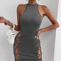 Women's Solid Color Sleeveless Skirt With Slit And Cross Tie, Sexy Tight Fitting Hip Hugging Dress, Short Skirt Inkedjoy