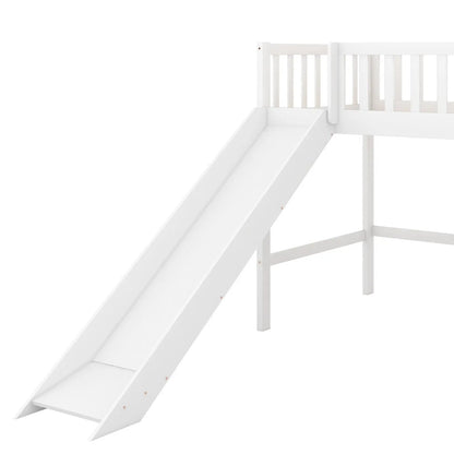 Twin Size Low Loft Bed With Ladder And Slide,White My Store