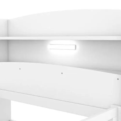 Wood Twin Size Platform Bed With Built-in LED Light, Storage Headboard And Guardrail, White My Store