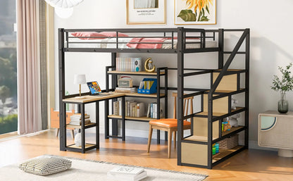 Full Size Metal Loft Bed With Staircase, Built-in Desk And Shelves, Black My Store