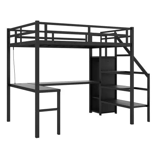 Twin XL Size Loft Bed With L-shaped Desk And USB, Metal -Black My Store