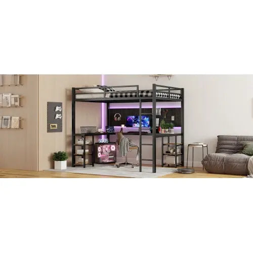 Full XL Metal Loft Bed With Desk And Shelves, Loft Bed With Ladder And Guardrails-Black My Store