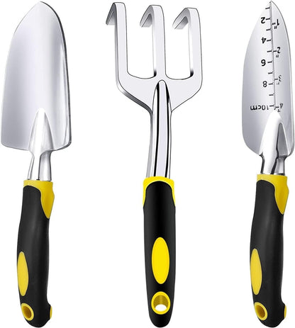 Gardening Hand Tools 3 Piece Set - Heavy Duty Garden Trowel, Trans-planter, Hand Rake - Ergo Grip Handle Inkedjoy