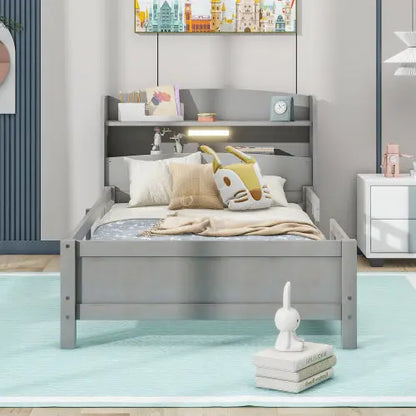 Wood Twin Size Platform Bed With Built-in LED Light, Storage Headboard And Guardrail, Antique Grey My Store