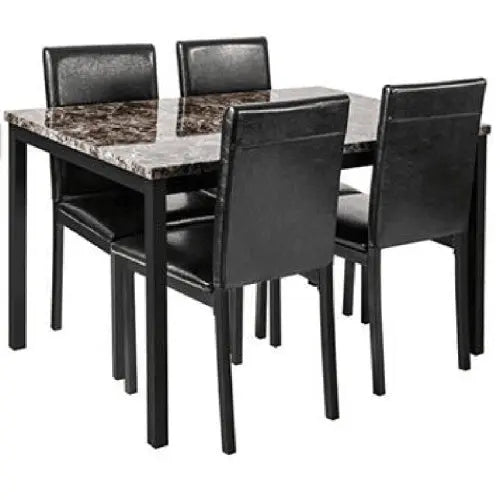 Furniture 5-piece Metal Dining Table And Chair Set With Imitation Marble Top - Black, Dining Room Set, Table And 4 Chairs My Store