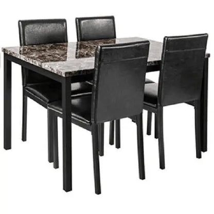 Furniture 5-piece Metal Dining Table And Chair Set With Imitation Marble Top - Black, Dining Room Set, Table And 4 Chairs My Store
