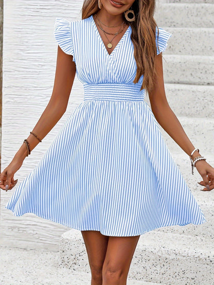 Women's Mini Dress V Neck Flutter Sleeve Striped Smocked Waist A Line Short Summer Dress Inkedjoy
