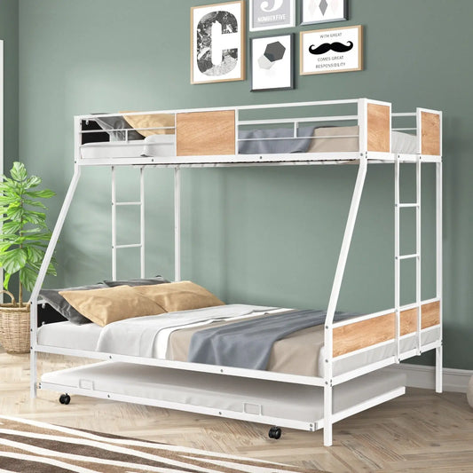 Metal Twin Over Full Bunk Bed With Trundle, Heavy-Duty, Noise Reduced, Guardrail My Store