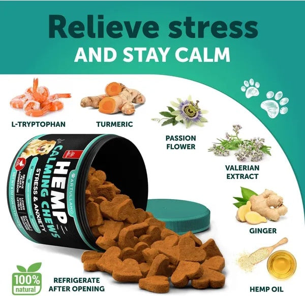 Hemp Calming Chews For Anxiety Relief With Hemp Oil Turmeric Valerian Ginger For Dogs- 120 Treats My Store