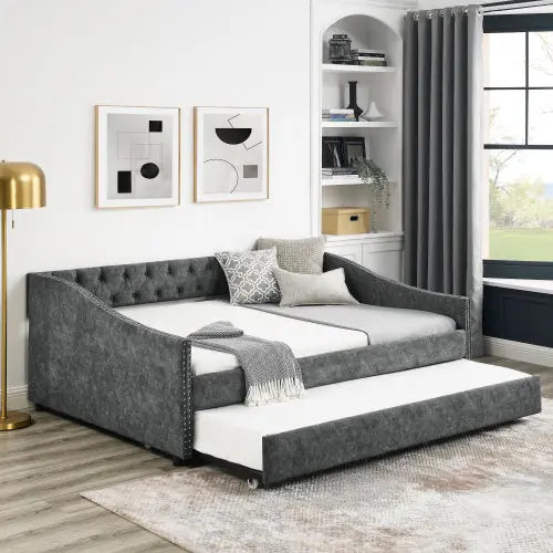 The Full-size Sofa Bed Features A Double-sized Upholstered Tufted Sofa Bed On Wheels My Store