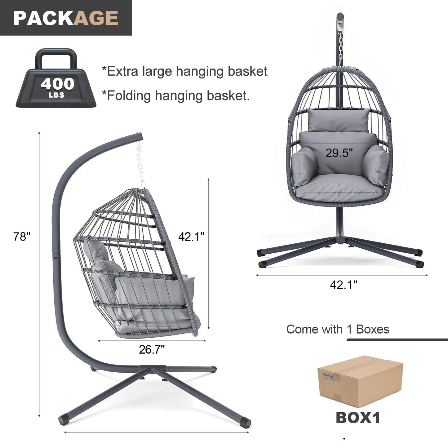 Patio Foldable Hanging Swing Chair With Stand Gray Color My Store