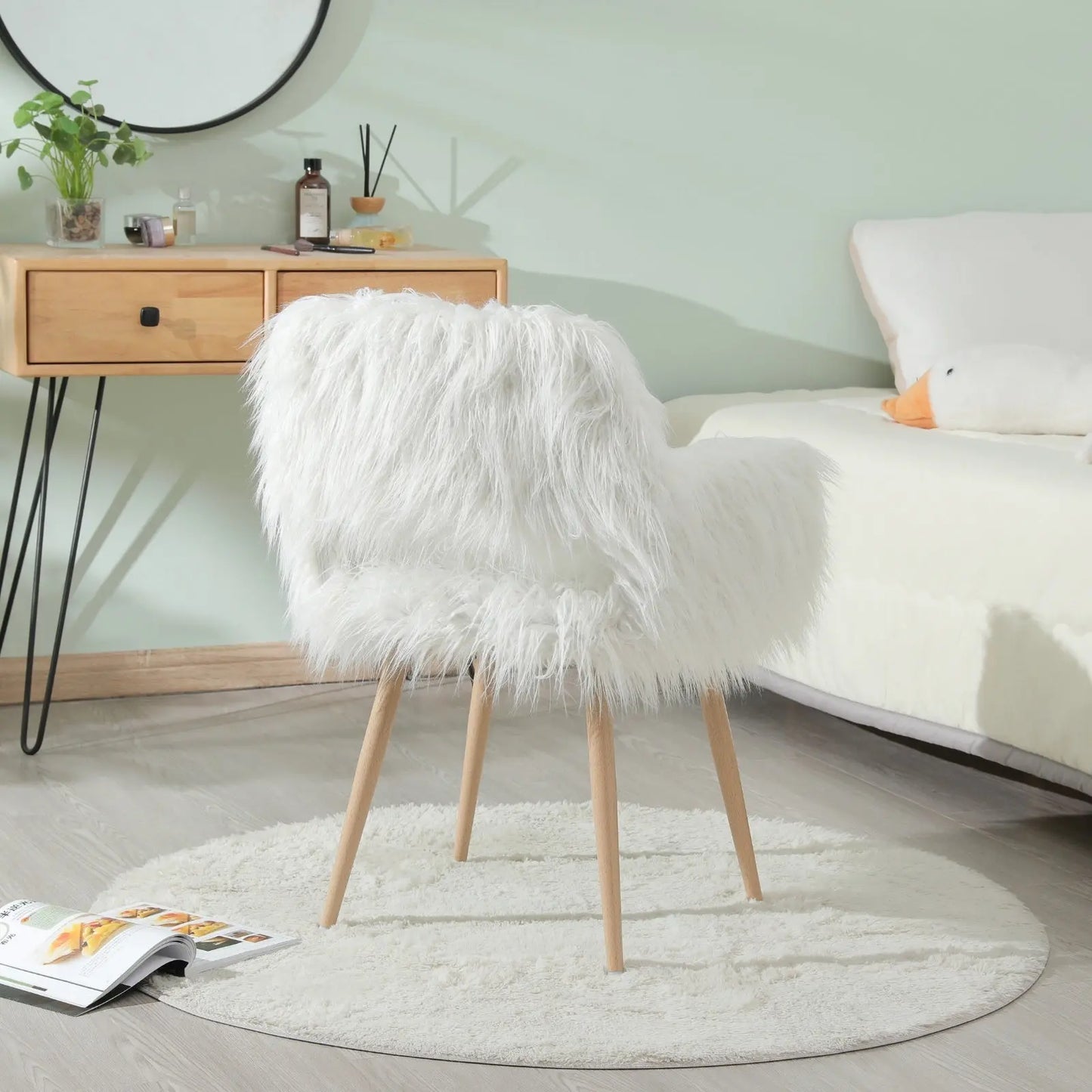 WHITE Faux Fur Upholstered Make Up Chair Side Dining Chair With Metal Leg WHITE Beech Metal Leg My Store