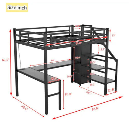 Twin XL Size Loft Bed With L-shaped Desk And USB, Metal -Black My Store