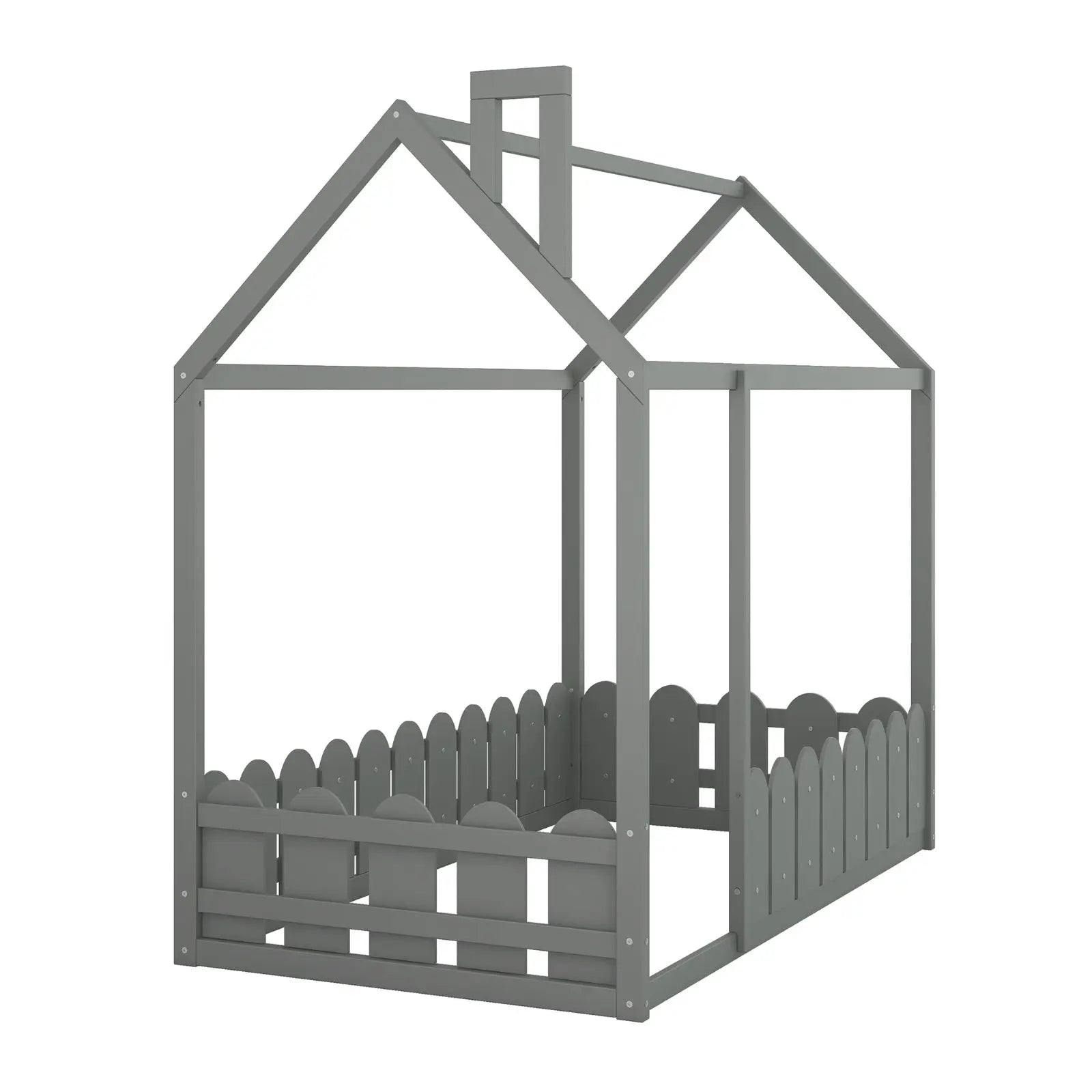 Twin Size Wood House Bed Frame With Fence For Kids, Teens - No Slats My Store