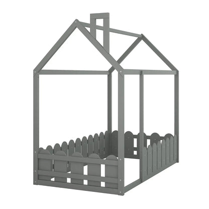 Twin Size Wood House Bed Frame With Fence For Kids, Teens - No Slats My Store