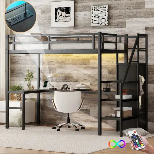 Twin XL Size Loft Bed With L-shaped Desk And USB, Metal -Black My Store