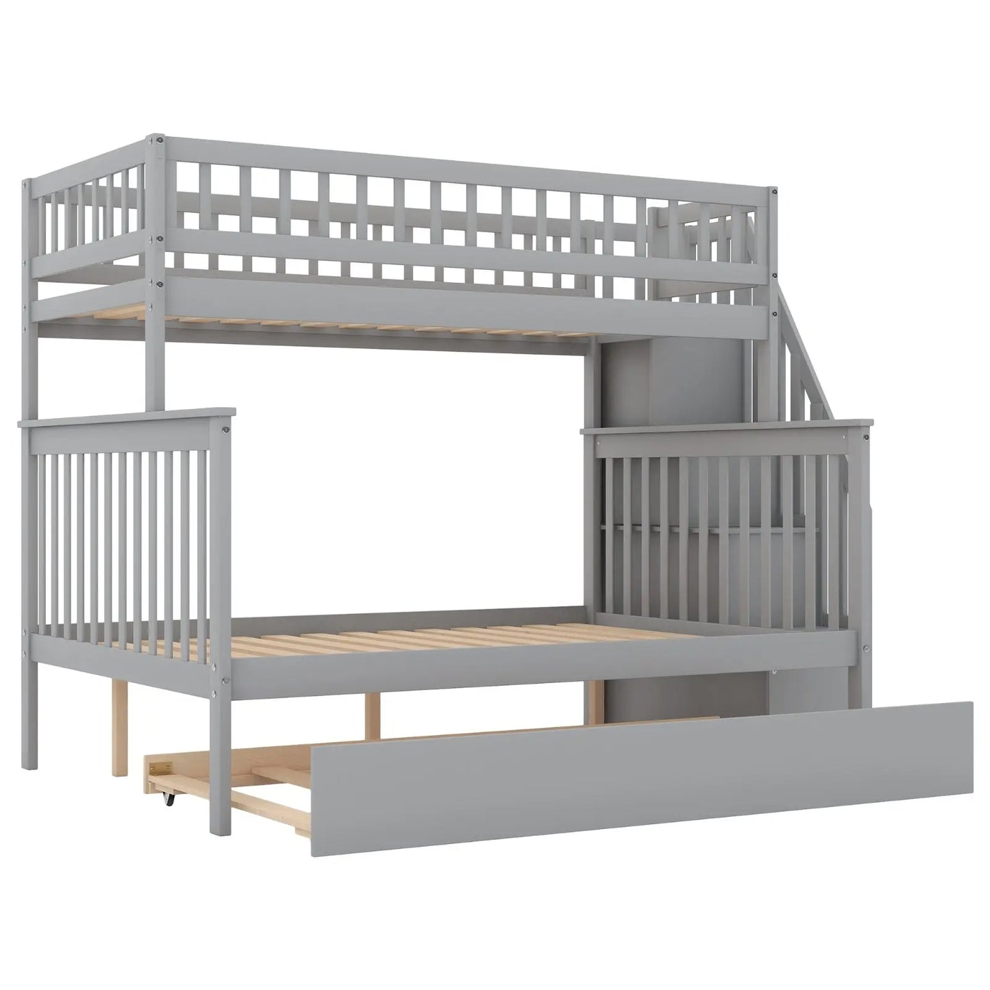 Twin Over Full Bunk Bed With Trundle And Staircase,Gray My Store