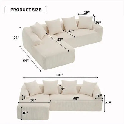 LY-023 WHITE COMPRESSION SOFA Combining Chaise Longue With 3-seater, Corduroy Fabric, Full Sponge Compression Sofa,combined Sofa With 4 Pillows For Living My Store