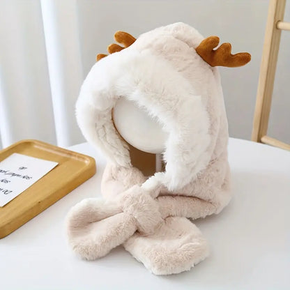 Cute Deer Hat Women Plush Rabbit Ear Funny Lolita Sweet Kawaii Winter Fluffy Fleece Warm Hat Plush Winter Thickened Cute Antlers Baby Hat With Scarf For 5-10 Y Children My Store