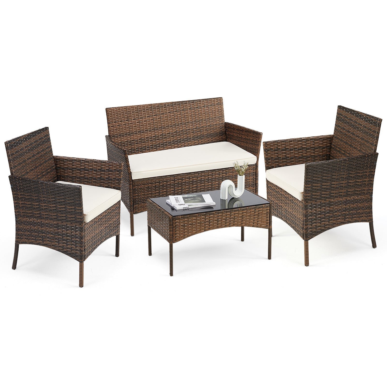 4 Pieces, Outdoor Furniture With Glass Table, Weaving Wicker Rattan Patio Chairs Inkedjoy