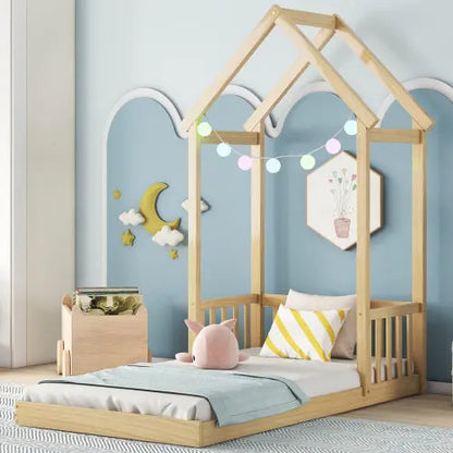 Twin House-shaped Roof Headboard Floor Bed,,without Slats,Natural My Store