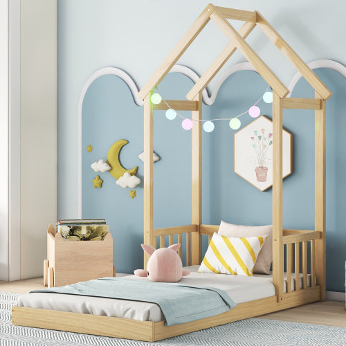 Twin House-shaped Roof Headboard Floor Bed,,without Slats,Natural My Store