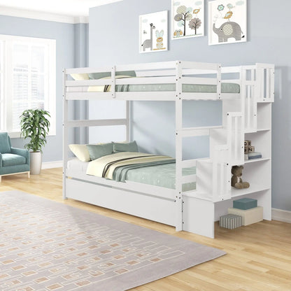 Twin Bunk Beds With Trundle & Stairway Storage In White Siesta