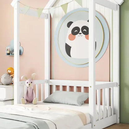Twin House-shaped Roof Headboard Floor Bed,,without Slats,White My Store