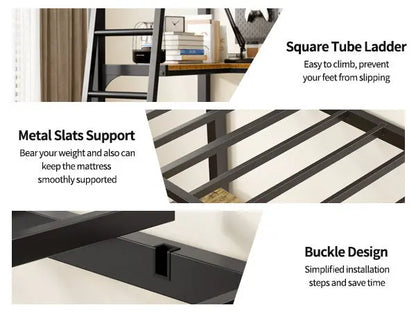 Twin Metal Loft Bed With L-Shaped Desk, Charging Station- Black My Store