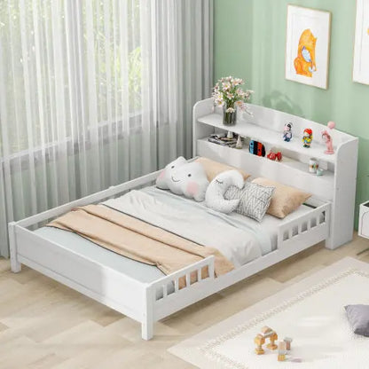 Wood Full Size Platform Bed With Built-in LED Light, Storage Headboard And Guardrail, White My Store