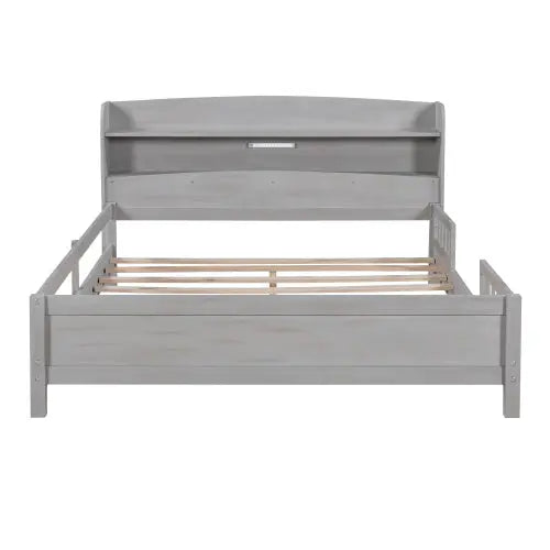 Wood Full Size Platform Bed With Built-in LED Light, Storage Headboard And Guardrail, Antique Grey My Store
