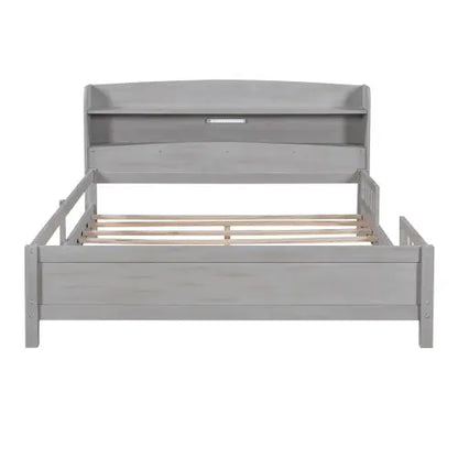 Wood Full Size Platform Bed With Built-in LED Light, Storage Headboard And Guardrail, Antique Grey My Store