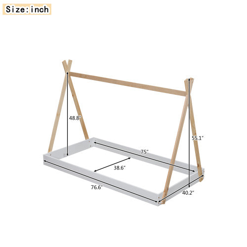Twin Size Tent Floor Bed With Triangle Structure, White Natural My Store