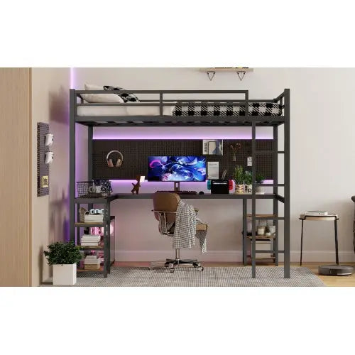 Full XL Metal Loft Bed With Desk And Shelves, Loft Bed With Ladder And Guardrails-Black My Store