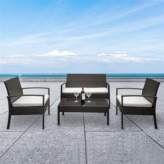 4pcs Armrests Fully Woven Brown Embossed 1 Double Seat 2 Single Seat 1 Tea Table Woven Rattan Sofa Inkedjoy