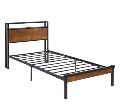Twin Size Metal Platform Bed Frame With Wooden Headboard And Footboard With USB LINER My Store