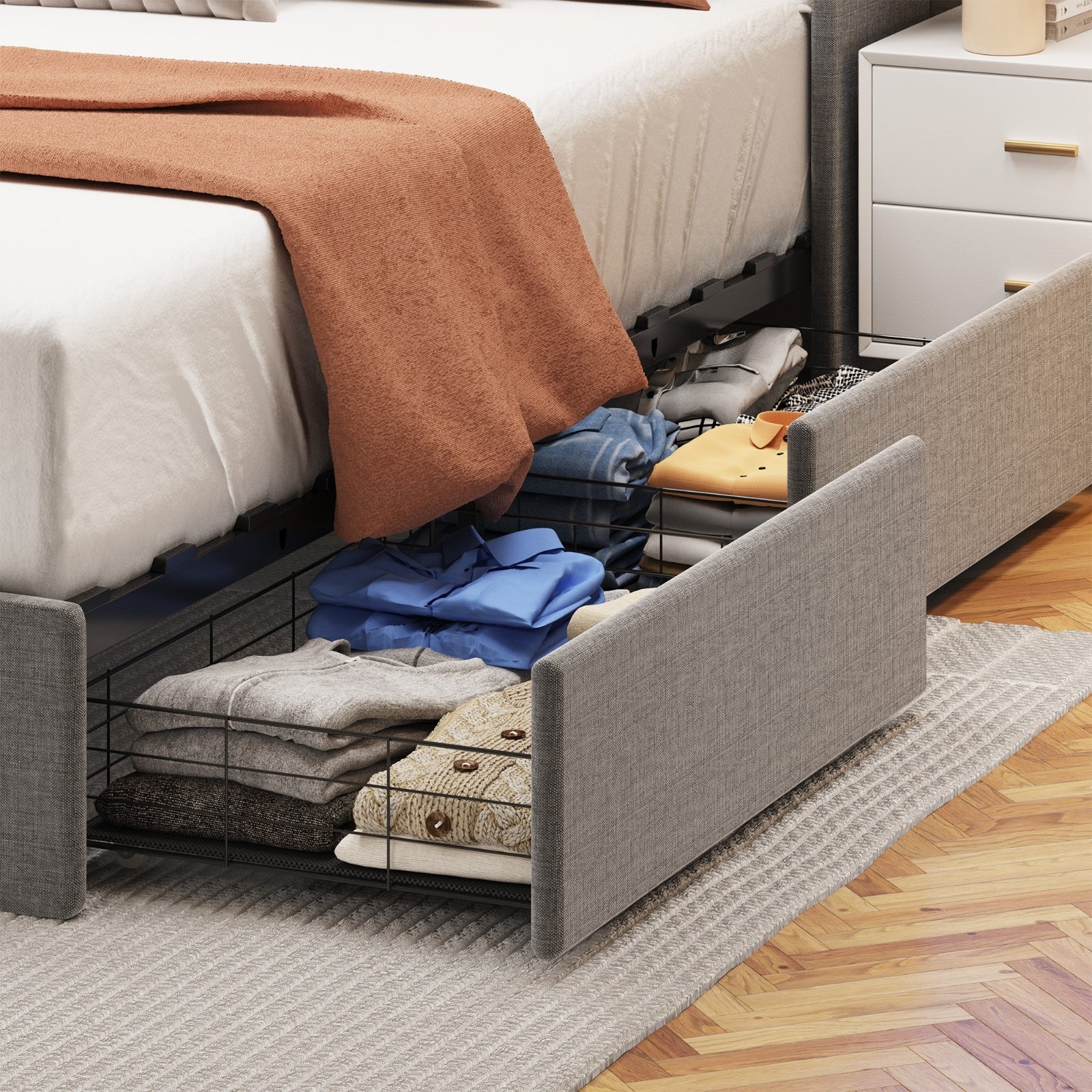 Queen Size Bed Frame With LED, Storage Drawers, Wings Headboard My Store